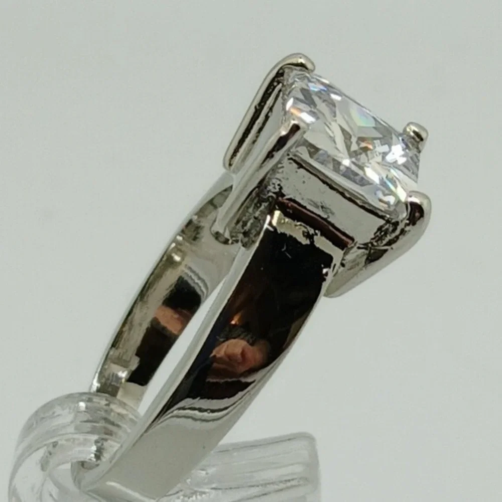 Vintage 90s Princess Cut Sim Diamond Solitaire Ring Silver Tone Wide Band Size 9